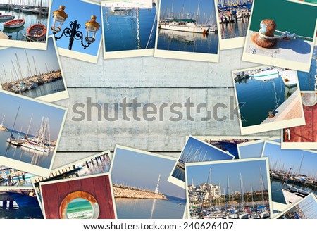 collage with yachts, boats and coast. Nautical concept 