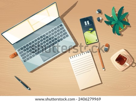 Top view of workspace with computer, stationery, coffee cup and plant on wooden table. Vector cartoon flat lay of workplace with monitor, keyboard, mobile phone, note book and headphones on desk Royalty-Free Stock Photo #2406279969