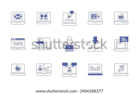 Laptop icon set. Duotone color. Vector illustration. Containing laptop, videocall, input, music equalizer, clip, hacker, chat, mail, error, browser.