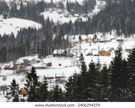 mountain village on a cloudy winter day on a mountain slope in the Ukrainian Carpathians