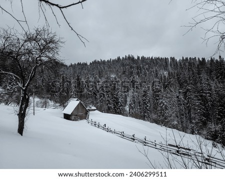 small wooden house on a snowy mountain slope with a long wooden fence. Forest in the background.