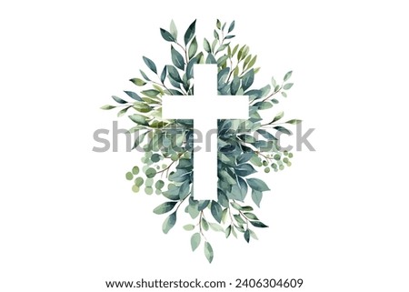 Eucalyptus botanical greenery and cross. Baptism  Invitation. Easter Cross. Christening. Holy Spirit. Religious. Baptism Christening Invitation Royalty-Free Stock Photo #2406304609