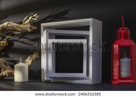Black-and-white background with display stand for products with 3-D rendering. Empty platform with podium for cosmetics, jewelry, models or other objects.