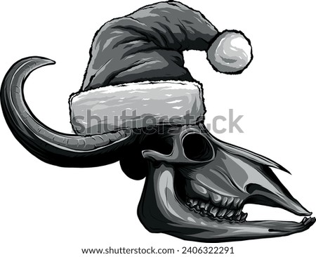 monochromatic bull skull and Santa hat on white background