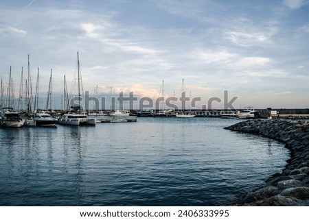 Yachts in the port, sailboats modern water transport. Olympic port, Barcelona, Catalonia. Many beautiful moored sail yachts. High quality picture for wallpaper, article