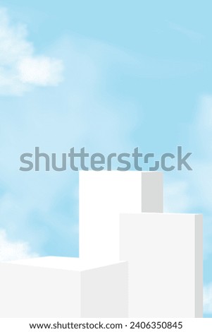 Sky Blue and Cloud with White Podium Step,Platform 3d Mockup Display Step for Summer Cosmetic Product Presentation for Sale,Promotion,Web online,Scene Nature Spring Sky with Building wall 
