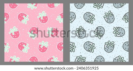 Seamless pattern of strawberry on pink and grey background. Vector illustration.