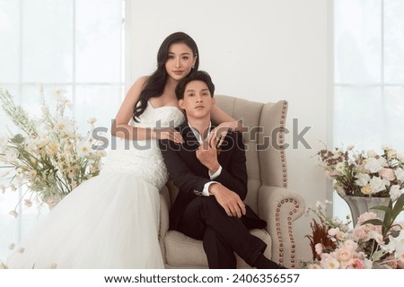  Couple of bride and groom enjoying romantic moments in wedding ceremony, Love, celebration and marriage.