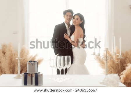  Couple of bride and groom enjoying romantic moments in wedding ceremony, Love, celebration and marriage.