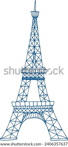 Detailed blue flat drawing of the French historical landmark monument of the EIFFEL TOWER, PARIS
