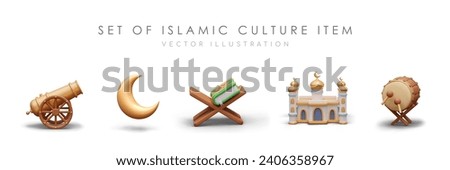 Set of Islamic culture items. Golden cannon and moon, traditional mosque building, Quran on wooden stage and musical instrument bedug drum. Vector illustration in 3d style Royalty-Free Stock Photo #2406358967