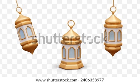 Traditional lamps for Islamic holidays. Golden Ramadan lantern. Hanging and floor models. Isolated vector illustration, view from different sides. Festive evening, night decoration Royalty-Free Stock Photo #2406358977