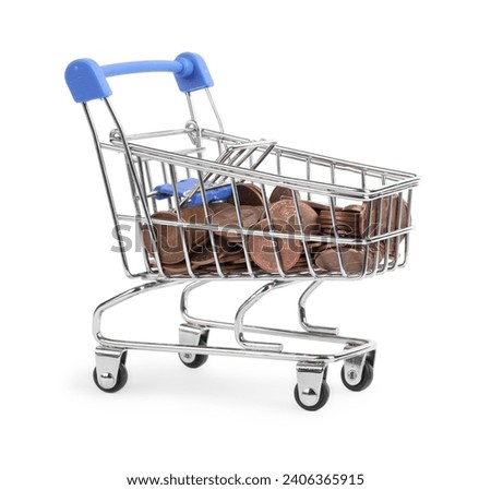 Small metal shopping cart with coins isolated on white