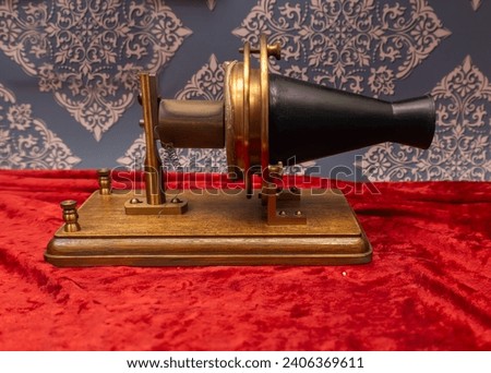 Single Pole Magneto Telephone used at the Philadelphia Exhibition by Alexander Graham Bell. On display at the Alexander Graham Bell National Historic Site.  Royalty-Free Stock Photo #2406369611