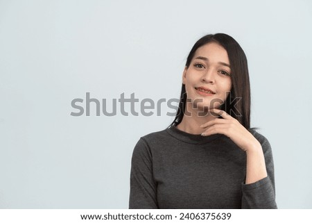 Asian woman braces. Teeth braces on the white teeth of women to equalize the teeth. Bracket system in smiling mouth, close up photo teeth, macro shot, dentist health concept. Royalty-Free Stock Photo #2406375639