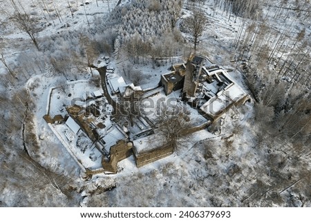 Orlik historical castle ruins by Humpolec city, Vysocina,Czech republic,Europe, historical old castle ruins Orlik aerial scenic panorama view, winter wonderland,snowy landscape,lookout tower