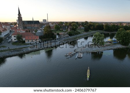 Nymburk town aerial panorama landscape view of dragon boat festival, water sports on Labe rive,dragon boats competition,Bohemia Czech republic