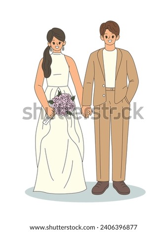 Romantic married couple, happy man and woman characters holding hand together. Bride and groom on wedding party celebration. Flat cartoon style vector illustration isolated on white background