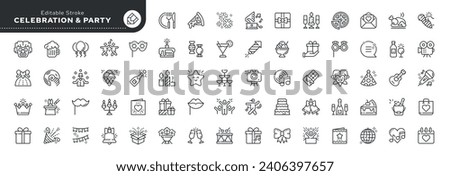 Set of outline icons in linear style. Series - Holiday and party. Fun birthday celebration. Holiday accessories, food and drinks. Line icons.