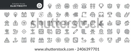 Set of line icons in linear style. Series - Electricity, electric power line, light, light bulb and electrical equipment.Outline icon collection. Royalty-Free Stock Photo #2406397701