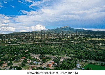 An aerial view of the South side of Trinidad, Colorado with Fisher's Peak in the background.