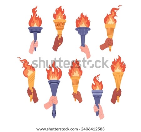 Set of burning torches with flame in hands. Symbol of competition victory, champion. Vector illustration in flat style Royalty-Free Stock Photo #2406412583