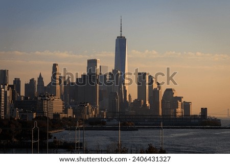 
A city skyline with a body of water