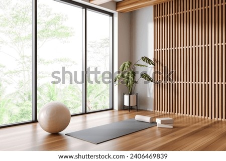 Corner of panoramic yoga studio with white and wooden walls, wooden floor, yoga mat and white fitball. 3d rendering Royalty-Free Stock Photo #2406469839