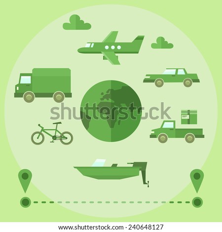 Vector set of transportation icons around the globe infographic in flat minimal style