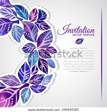 Elegant invitation template with watercolor wreath of violet and blue leaves