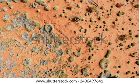 Aerial photography of Australian desert landscape with spinifex grass and dry red soil. Location is near Uluru-Kata Tjuta National Park.