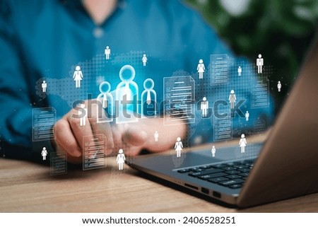 Human resources management and recruitment HR. relationship concept, Businessman show global structure networking of Human resources customer relationship management digital marketing social network
