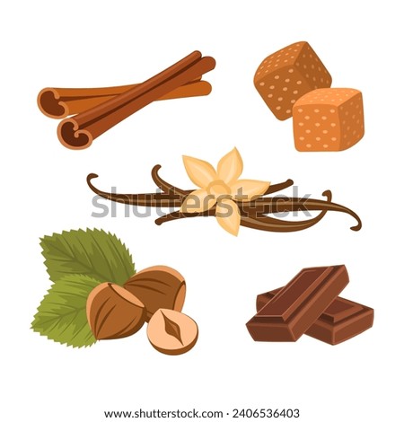 Collection of pastry flavors for drinks and baked goods, such as cinnamon, vanilla, chocolate, hazelnut and caramel, vector illustration, isolated design elements.