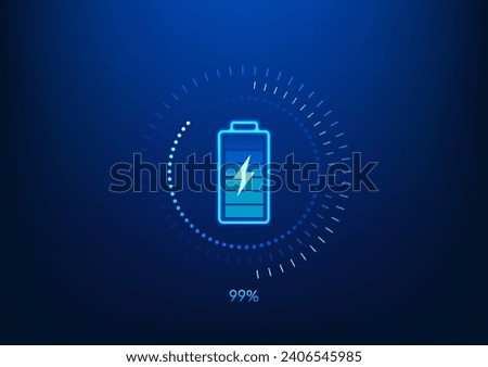 Battery technology background Screen with battery with technology circle surrounding it that is charging energy as reserve energy Show percentage of charge Wallpaper game screen. Vector illustration. Royalty-Free Stock Photo #2406545985