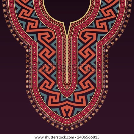 Colorful neck design in ancient Greece style with Greek key, geometric, and Egyptian lotus patterns on a dark purple background. Suitable for kurta, kurti, kaftan, and African dashiki shirts.