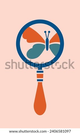 Butterfly under a magnifying glass. Cartoon vector clip art. Discovery, search, exploration concept. Illustration in flat style for sticker, icon, badge.