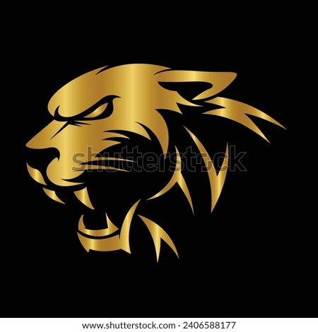 Tiger logo emblem template mascot symbol for business or shirt design isolated on black background. Head tiger vector illustration. Tiger logo design. Gold. Icon. Wild life. Animal. Tattoo sign. 