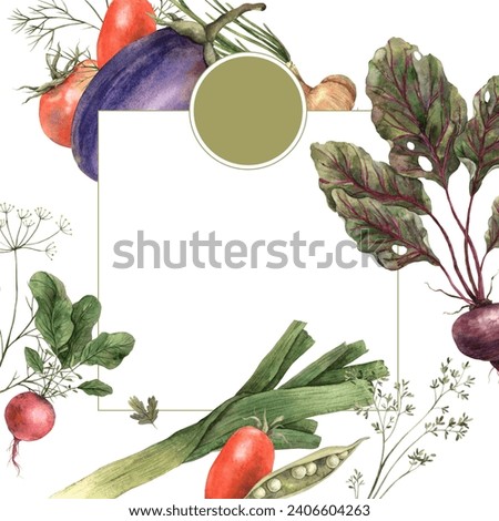 Watercolor square frame and circle of different vegetables: onion, eggplant, beet, tomato, dill. Hand drawn and isolated on a white background. Use in design, invitations, posters, signs, billboards.