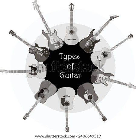 Guitar set. Flat electric and acoustic string music instruments of different design types. Vector guitars isolated set on background