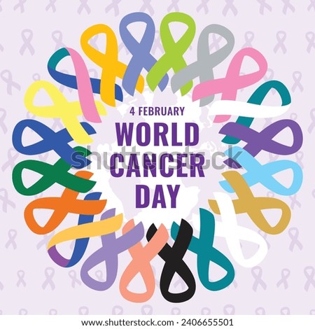 World Cancer Day 4 February. Cancer colorful ribbons in circle illustration. Breast, ovarian, prostate, skin, colon, cervical, lung cancer awareness poster. Hand drawn vector illustration. 