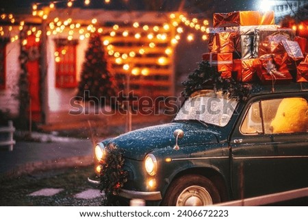 a green car with gifts on the roof on a background of light bulbs. a ready-made Christmas decoration for a family photo shoot. an old car in a photo shop for making Christmas photos