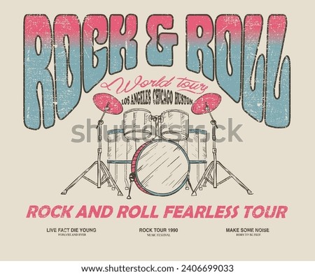 Music world tour. Eagle vintage vector t shirt design. Rock and roll with wing logo artwork for apparel and others. Music drum poster design. 