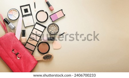 beauty bag with facial powders and eye shadows on table. Resolution and high quality beautiful photo
