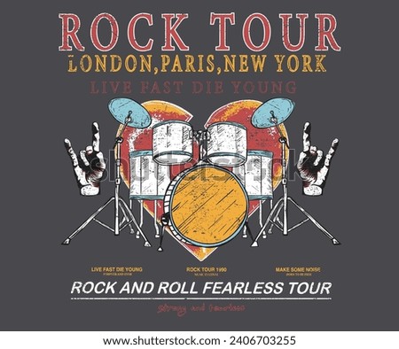 Music world tour. Guitar vintage vector t shirt design. Rock and roll with wing logo artwork for apparel and others. Heart music poster design. Heart with drum vintage artwork. Rock hand.