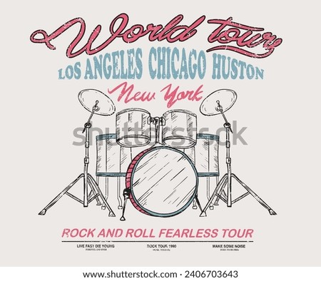 Rock and roll with wing logo artwork for apparel and others. Music drum poster design.  Music world tour. Drum vintage vector t shirt design. 