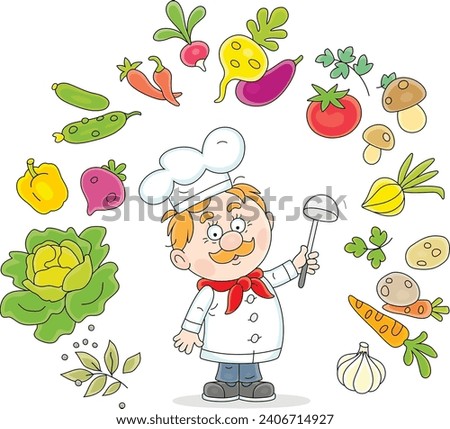 Funny cook in a white chef hat waving his ladle and thinking about an original tasty soup with fresh vegetables and spices from a kitchen garden, vector cartoon illustration on a white background