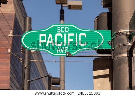street name sign pacific avenue in Dallas, Texas, USA