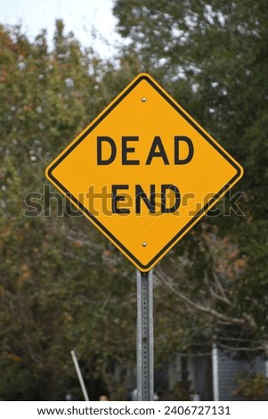A bright yellow, triangular "Dead End" sign with green trees in the background.