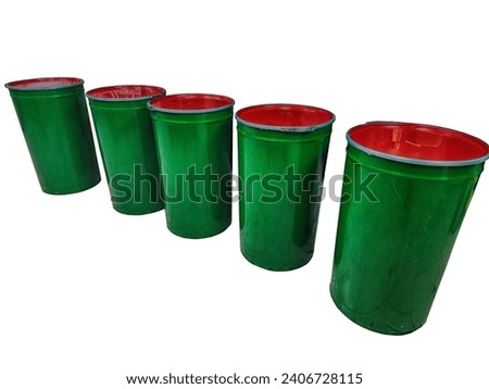 five isolated green food barrels