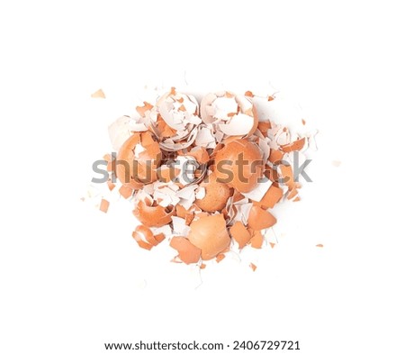 Broken Egg Shell Isolated, Crushed Eggshell, Calcium Supplement, Cracked Eggshells, Natural Compost Ingredient, Broken Egg Shells on White Background Top View Royalty-Free Stock Photo #2406729721